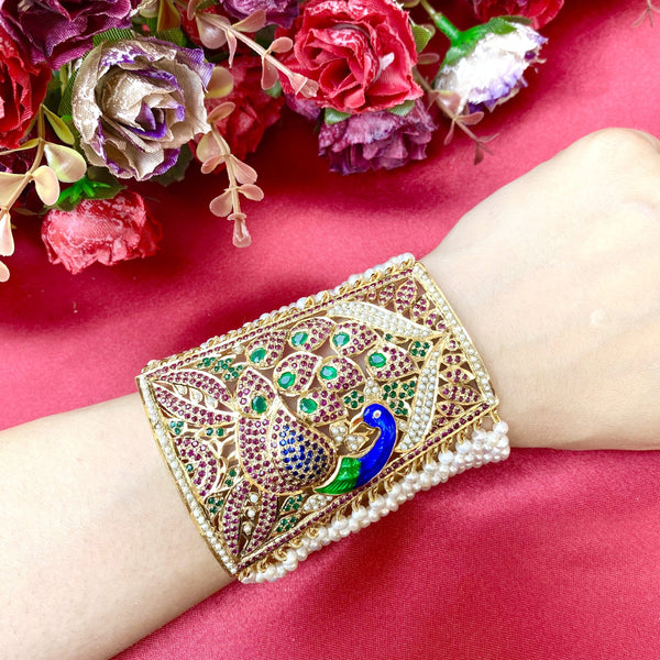 Traditional Punjabi Jadau Peacock Bracelet in Gold Plated Silver BG 030