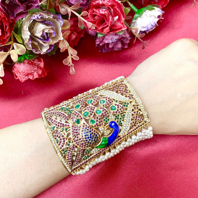 Gold Finished Emerald Rubby Jadau Bracelet | Punjabi Traditional Jewel –  Punjabi Traditional Jewellery