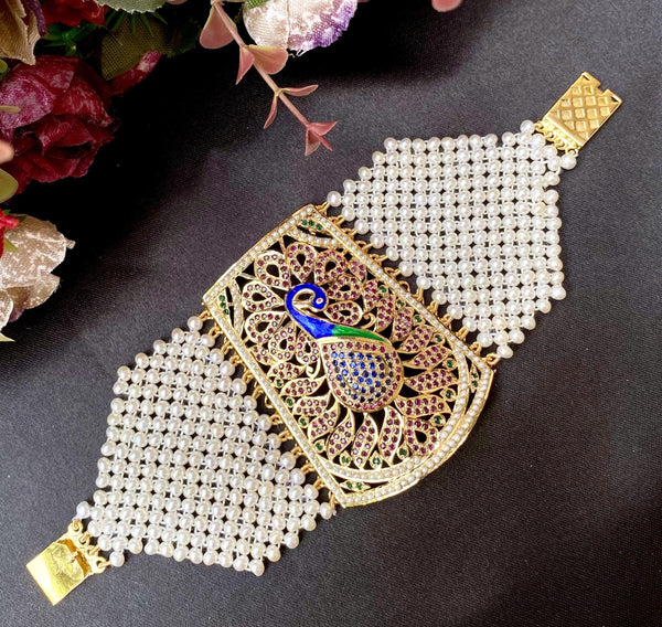 Traditional Punjabi Jadau Peacock Bracelet in Gold Plated Silver BG 026