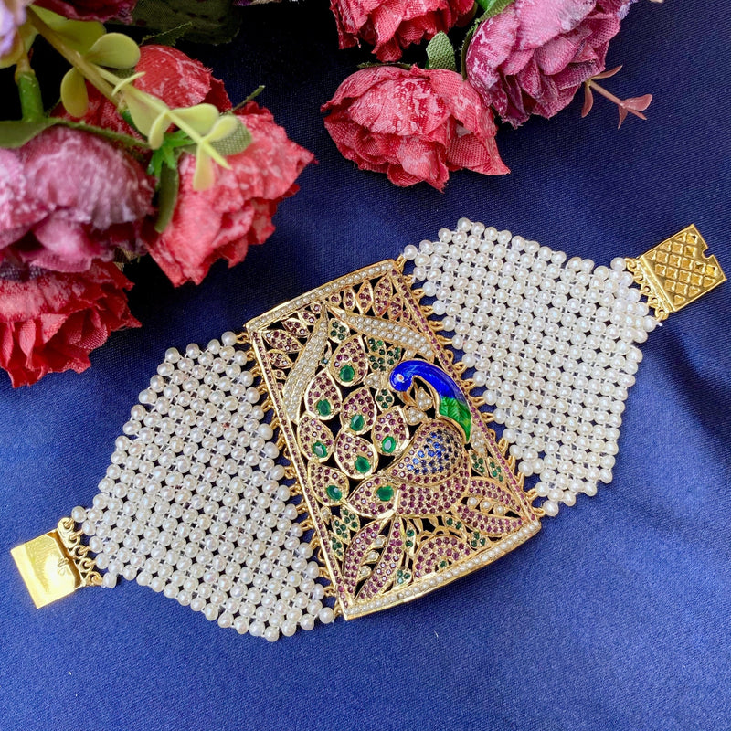 Traditional Punjabi Jadau Peacock Bracelet in Gold Plated Silver BG 030