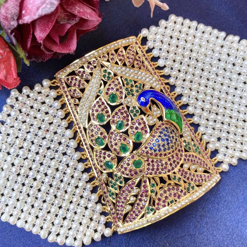 Traditional Punjabi Jadau Peacock Bracelet in Gold Plated Silver BG 030