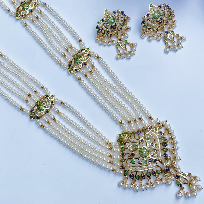 Emerald Neelam Traditional Jadau Rani Haar Set  in Gold Plated Silver NS 099