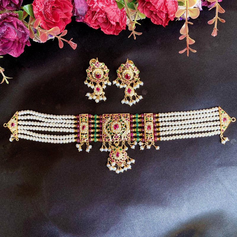 Multicolored Jadau Choker Necklace in Gold Plated Silver NS 060