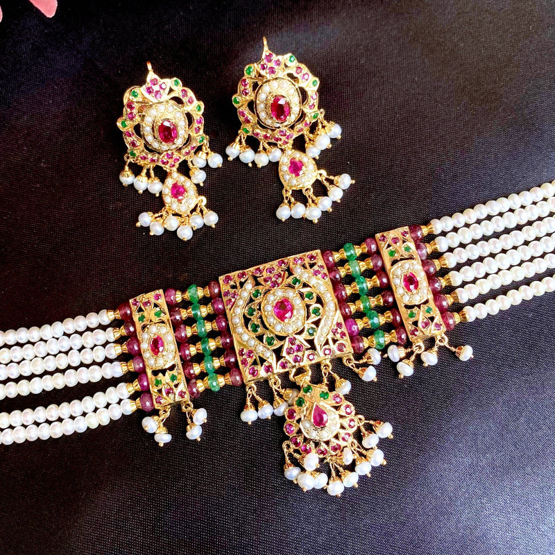 Multicolored Jadau Choker Necklace in Gold Plated Silver NS 060