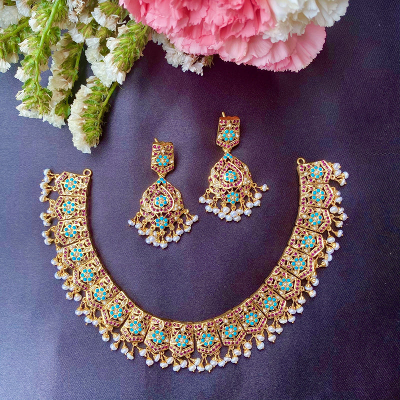 Multicolored Jadau Necklace Set in Gold Plated Silver NS 051