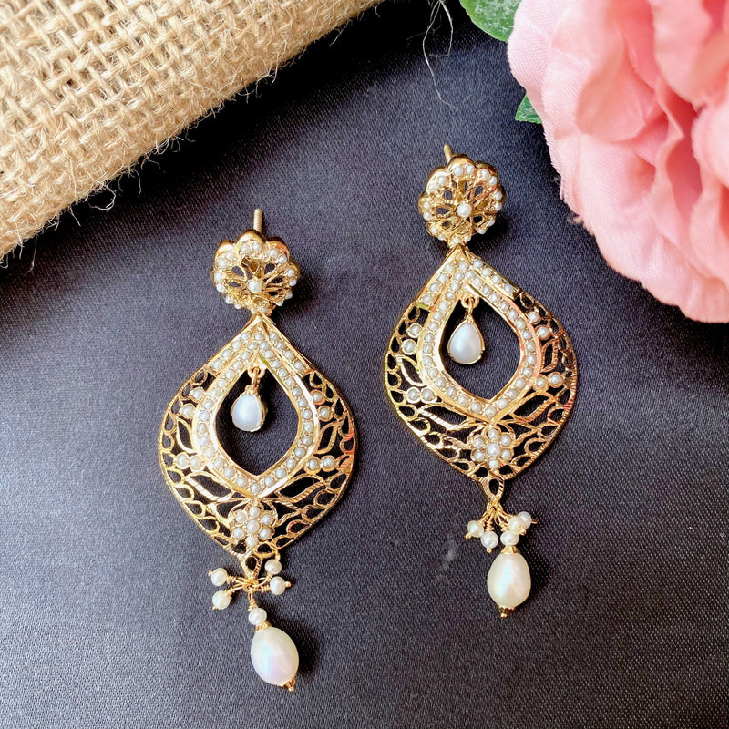 Jadau Chandbali Earrings with All Pearls in Gold Plated Silver ER 220