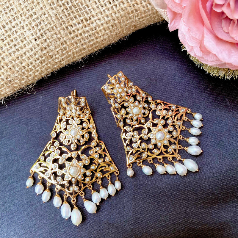 Statement Jadau Earrings with All Pearls in Gold Plated Silver ER 221