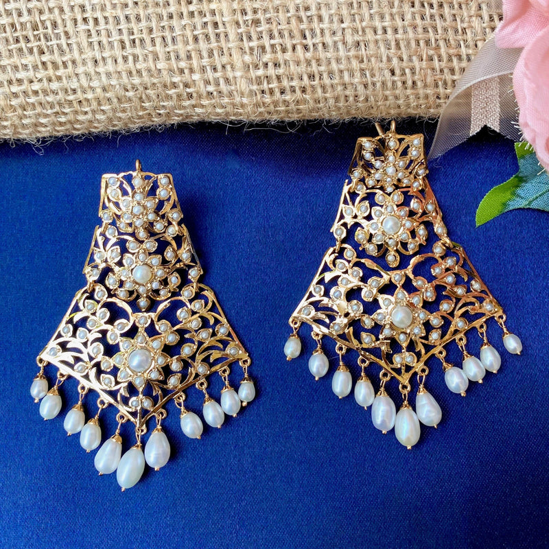 Statement Jadau Earrings with All Pearls in Gold Plated Silver ER 221