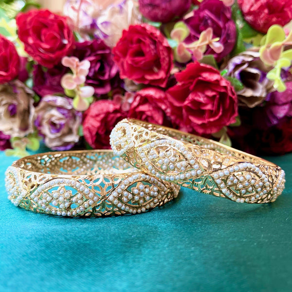 Pearl Jadau Bangles in Gold Plated Silver - Deccan Jewelry