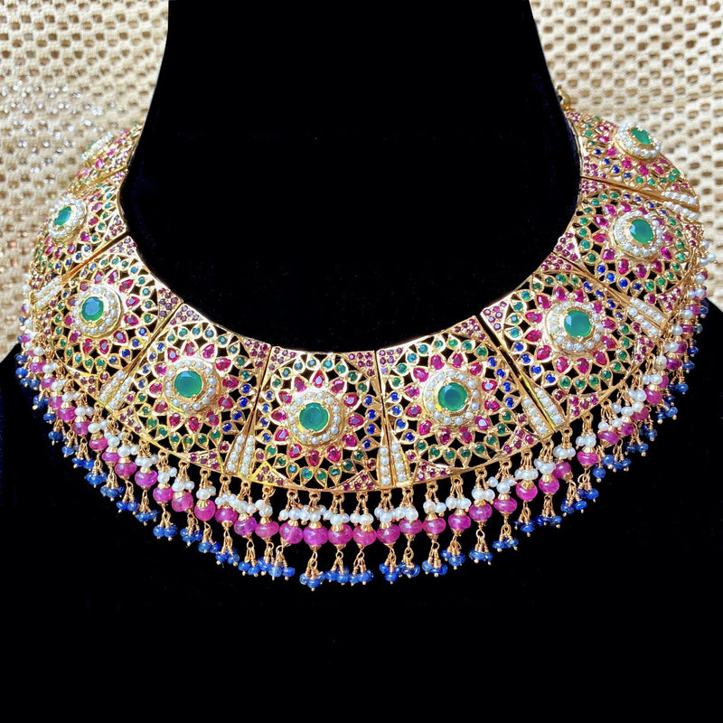 Multicolored Traditional Bridal Jadau Necklace with Matching Earrings in Gold Plated Silver NS 066