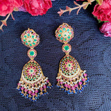 Multicolored Traditional Bridal Jadau Necklace with Matching Earrings in Gold Plated Silver NS 066