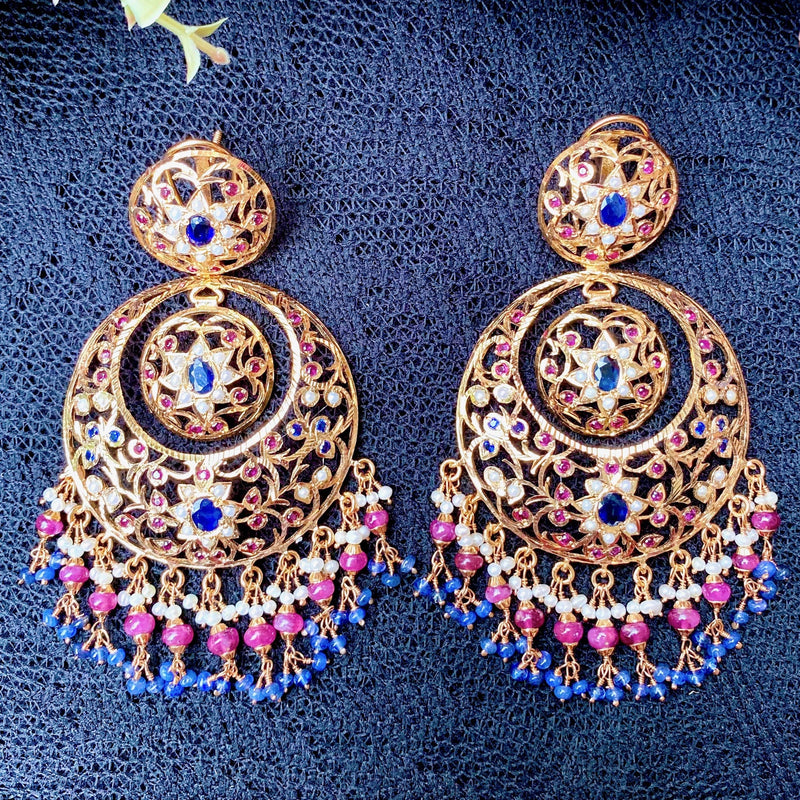 Ruby sapphire  Pearl Jadau chandbali earrings  in Gold Plated Silver ER 223
