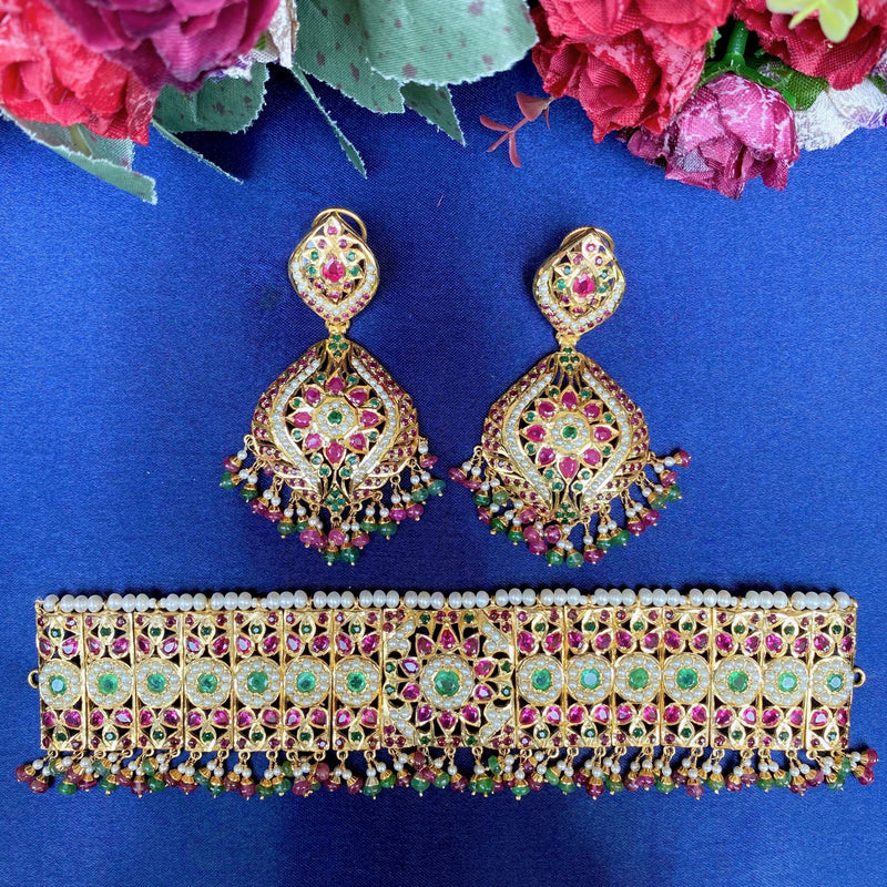 Multicolored Traditional Punjabi Jadau Choker Necklace Set in Gold Plated Silver NS 067