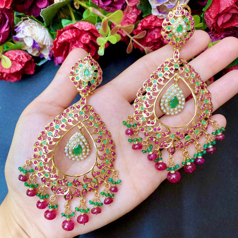Oversized Chandbali Earrings in Gold Plated Silver Made using Traditional Indian/Pakistani Jadau Jewelry Craft ER 227