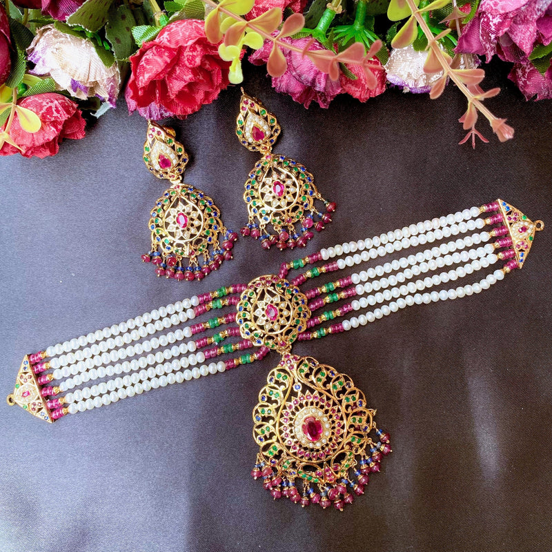 Multicolored Jadau Choker Necklace Set in Gold Plated Silver NS 070