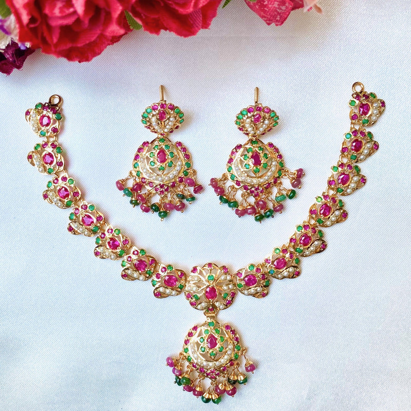 Multicolored Jadau Necklace Set in Gold Plated Silver NS 081