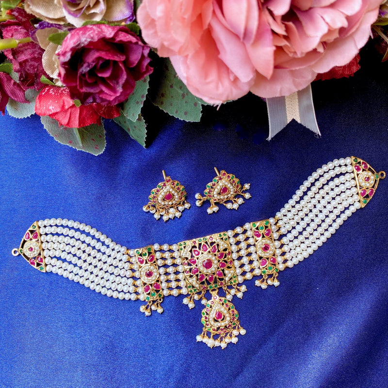 Multicolor Jadau Choker Set in Gold Plated Silver NS 088