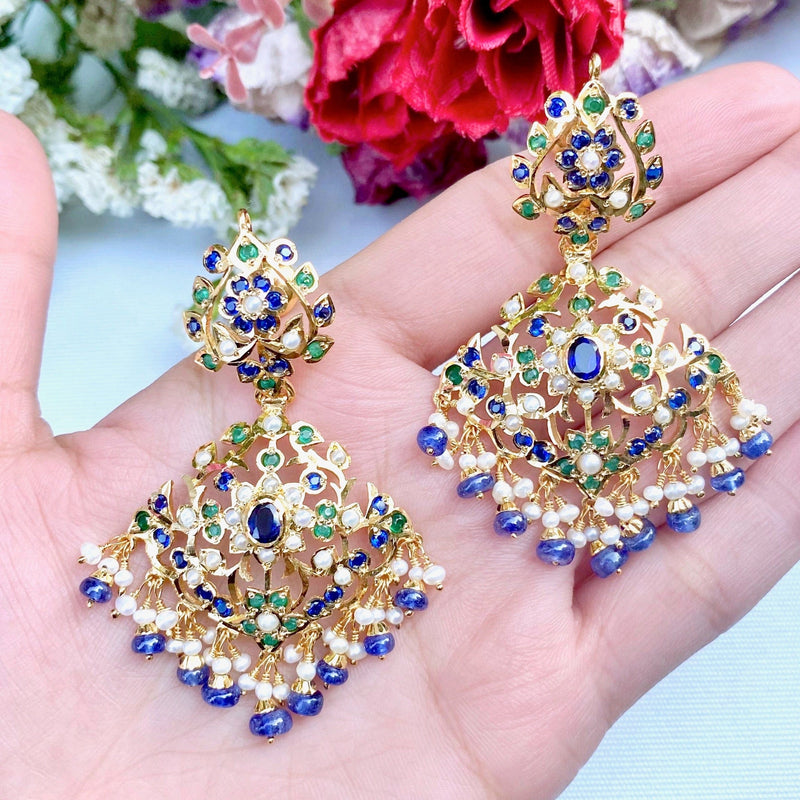 Pearl Emerald Sapphire Earrings in Gold Plated Silver ER 380