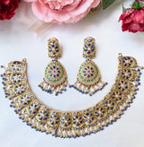 Multicolored Traditional Punjabi Jadau Necklace Set in Gold Plated Silver NS 078
