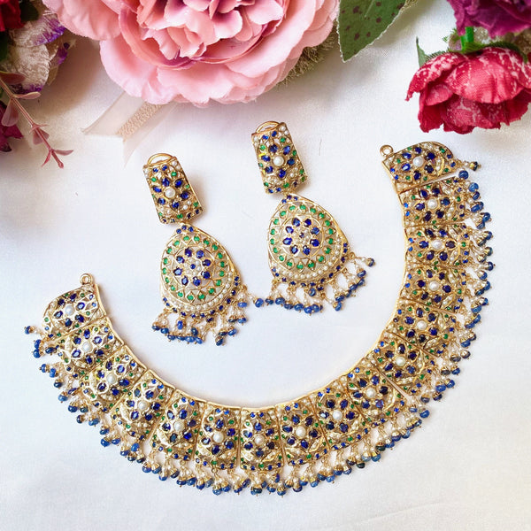 Multicolored Traditional Punjabi Jadau Necklace Set in Gold Plated Silver NS 078