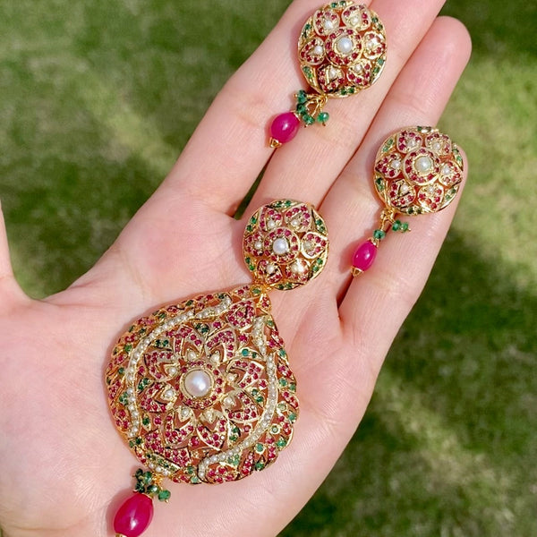 Ruby Emerald Pearl Pendant Set in Gold Plated Silver PS 017