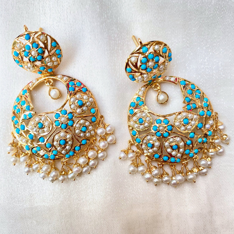 Pearl and Turquoise Jadau Earrings in Gold Plated Silver ER 306
