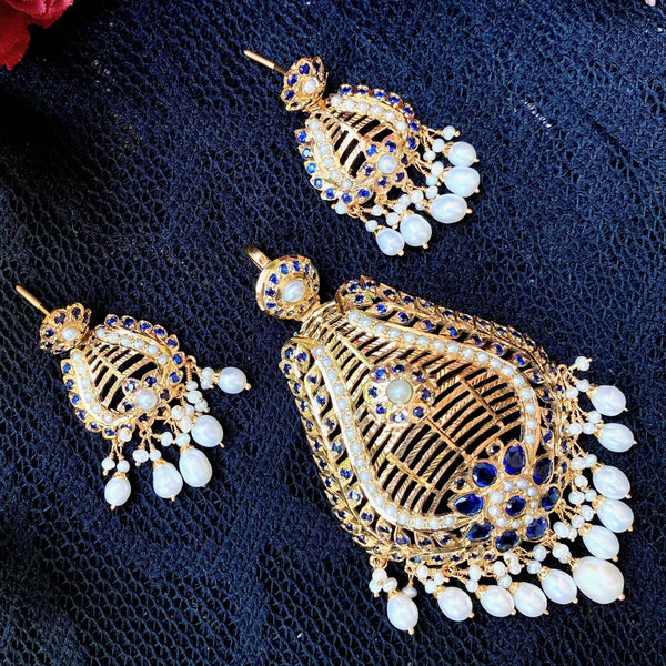 Pearl and Blue Sapphire Jadau Pendant Set in Gold Plated Silver PS 041