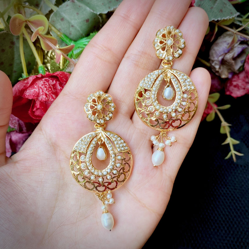 Jadau Chandbali Earrings with All Pearls in Gold Plated Silver ER 325