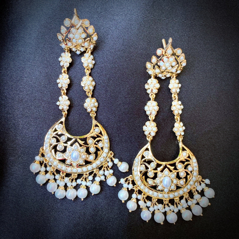 Jadau Chandbali Earrings with All Pearls in Gold Plated Silver ER 317