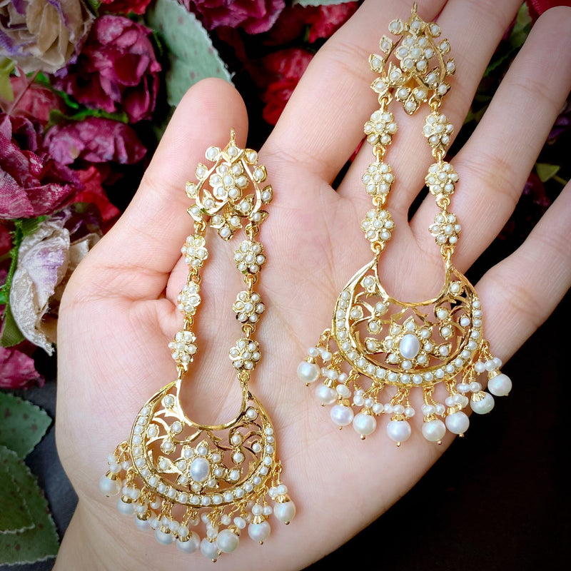 Jadau Chandbali Earrings with All Pearls in Gold Plated Silver ER 317