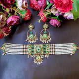 Pearl Emerald Jadau Choker Necklace Set in Gold Plated Silver  NS 096