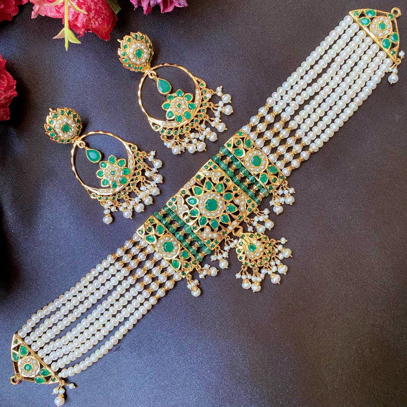 Pearl Emerald Jadau Choker Necklace Set in Gold Plated Silver  NS 096