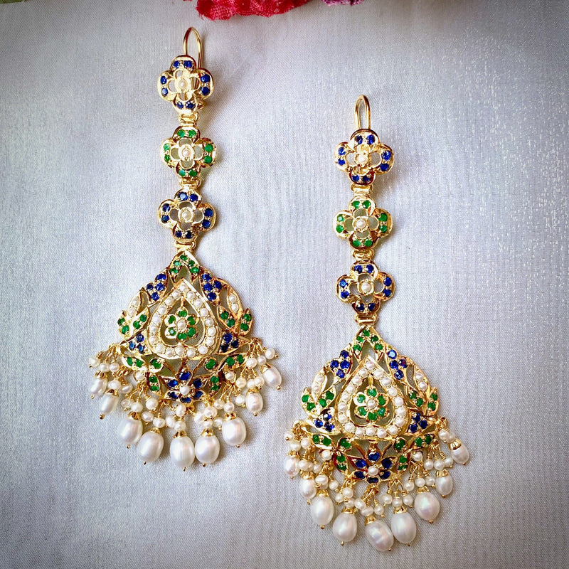 Multicolored Jadau Dangler Earrings in Gold Plated Silver ER 323