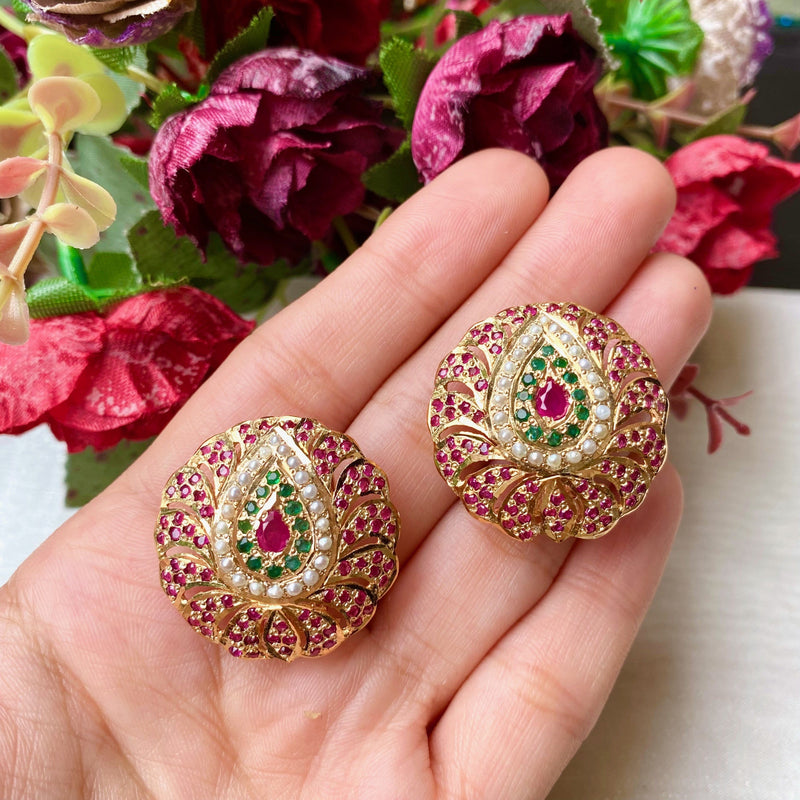 Multicolored Jadau Stud Earrings in Gold Plated Silver ER 192