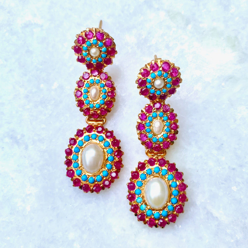 Multicolored Jadau Dangler Earrings in Gold Plated Silver ER 029