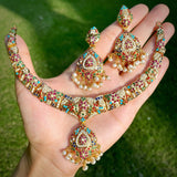 Navrattan Jadau Necklace Set in Gold Plated Silver NS 100