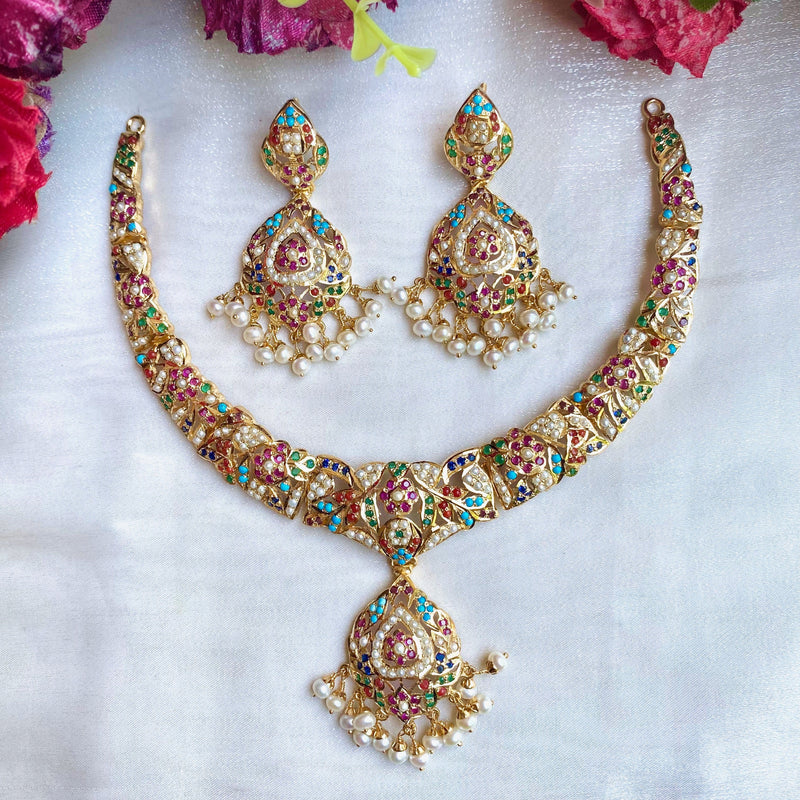 Navrattan Jadau Necklace Set in Gold Plated Silver NS 100