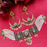 Multicolored Jadau Choker Necklace with Chandbali Earrings in Gold Plated Silver NS 101