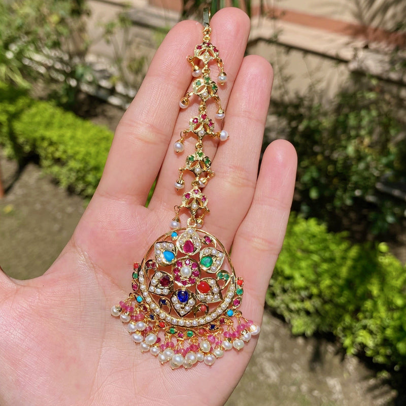 Navratan Jadau Maang Teeka in Gold Plated Silver TK 048
