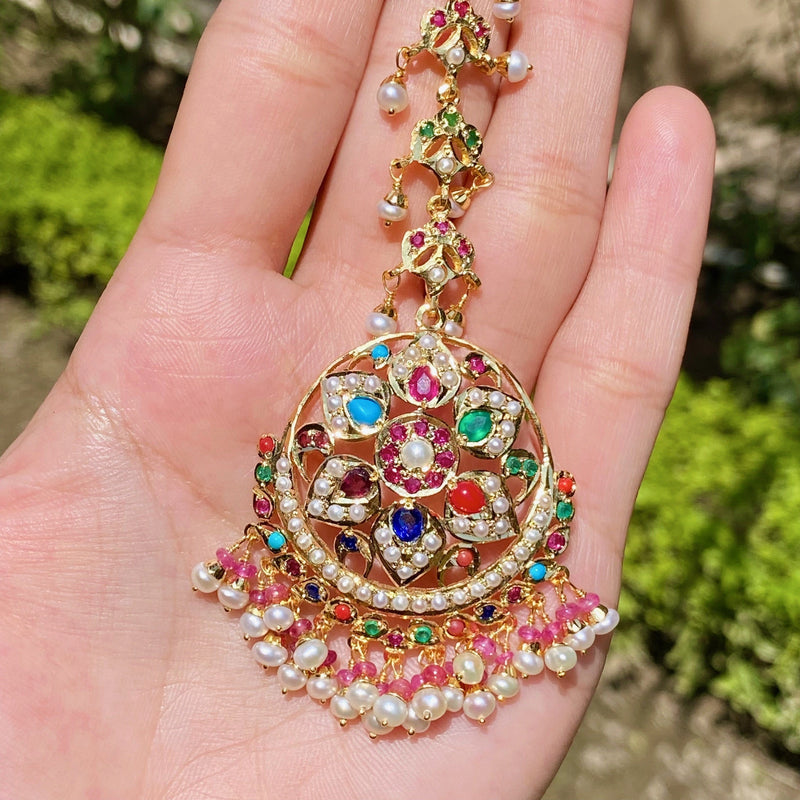 Navratan Jadau Maang Teeka in Gold Plated Silver TK 048