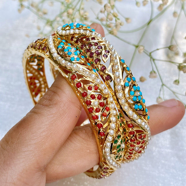 Navratan Jadau Bangles in Gold Plated Silver BG 048