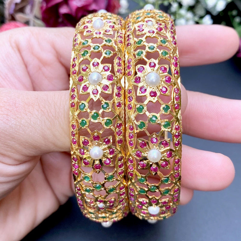 Floral Jadau Bangles in Gold Plated Silver BG 057