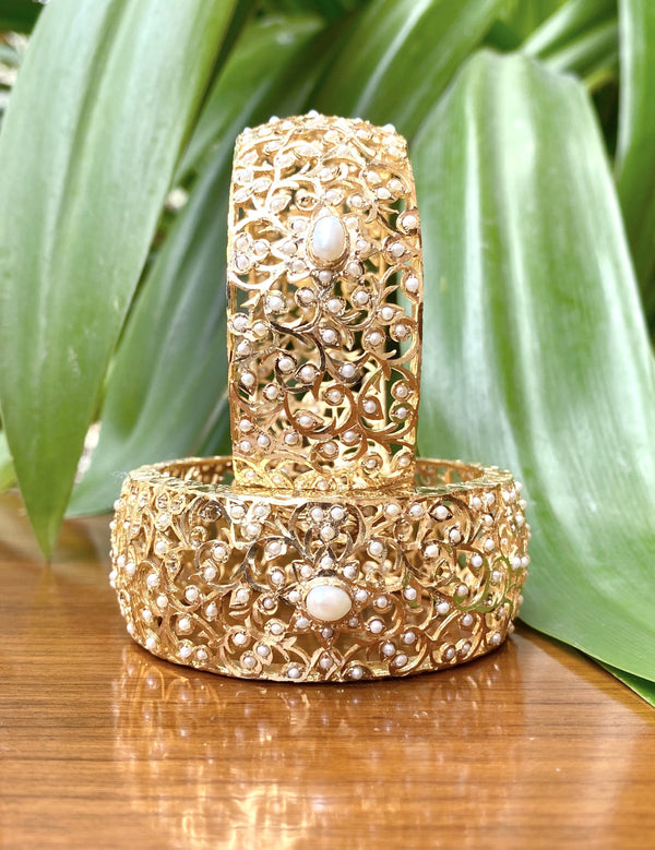 Large Pearl Jadau Bangles in Gold Plated Silver
