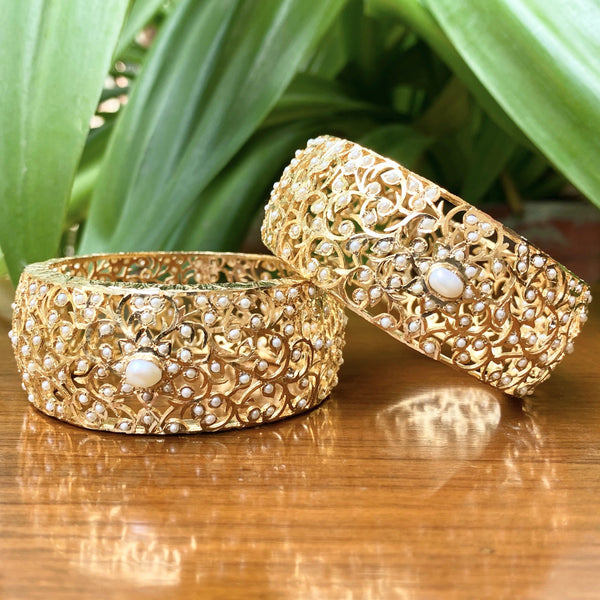 Large Pearl Jadau Bangles in Gold Plated Silver