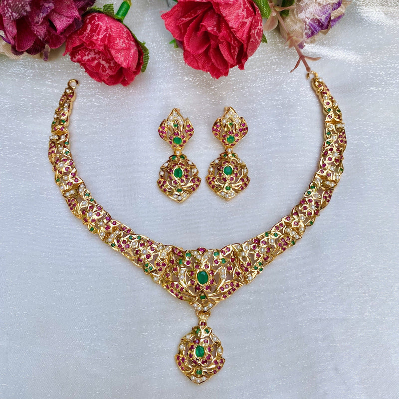 Multicolored Jadau Necklace Set in Gold Plated Silver NS 042