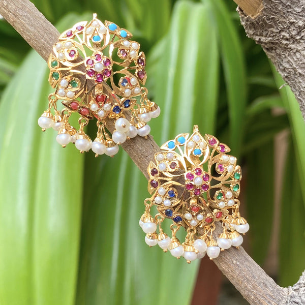 Navratan Jadau Studs in Gold Plated Sterling Silver ( READY TO SHIP )