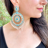Oversized Pearl Turquoise Chandbali Earrings in 925 Silver ER 194