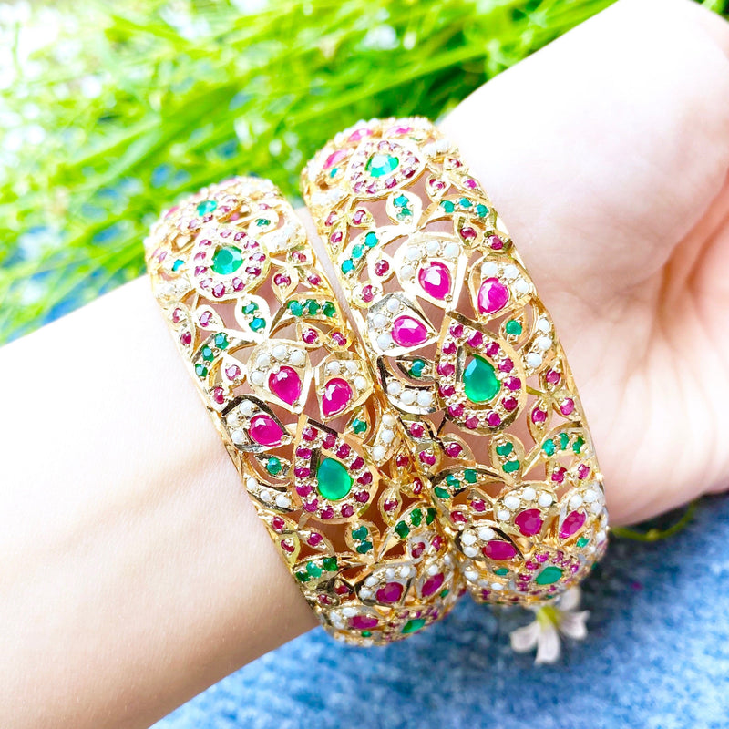 Multicolored Jadau Bangles in Gold Plated Silver BG 005