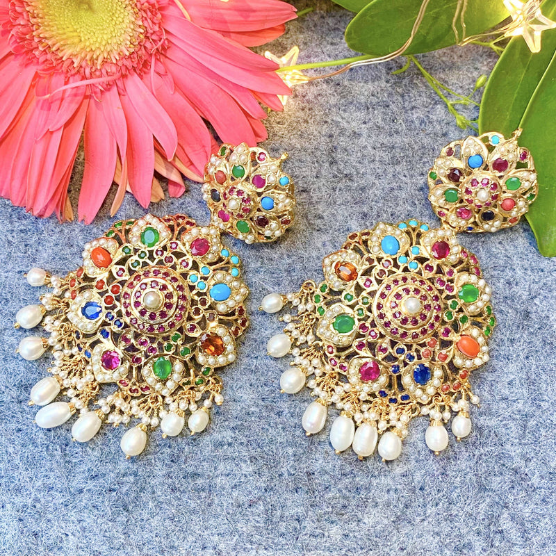 Navratan Jadau Dangler Earrings in Gold Plated Silver ER 007