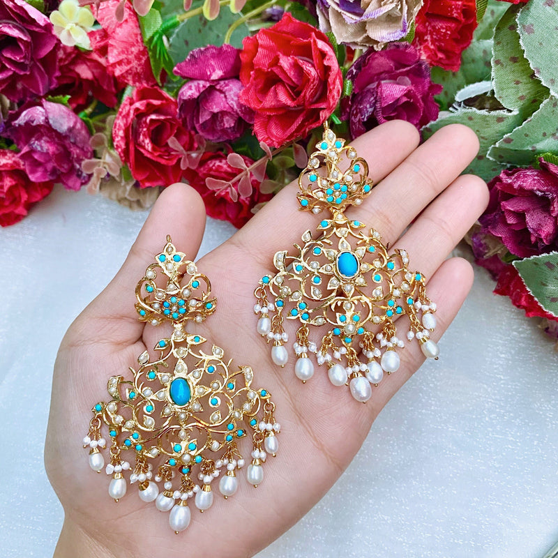 Pearl Turquoise Jadau Dangler Earrings in Gold Plated Silver ER 040